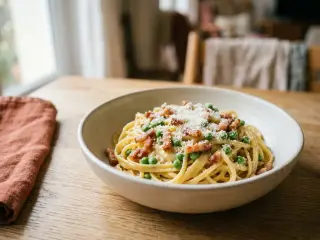 Pâtes à la carbonara revisitée aux petits pois et lardons