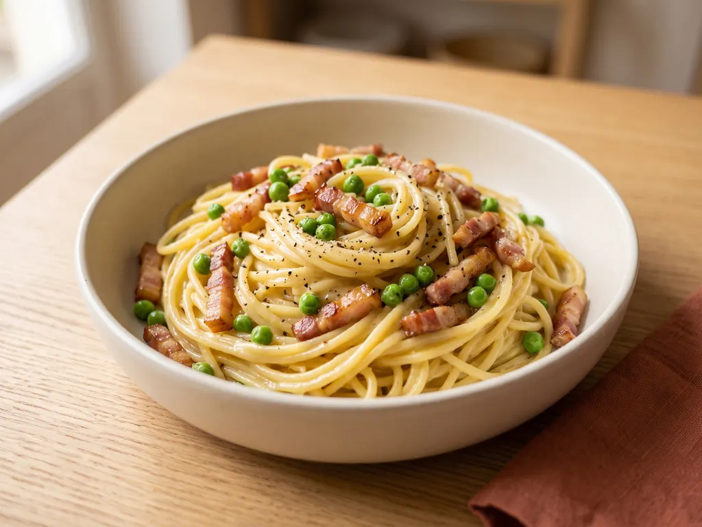 Pâtes carbonara aux lardons et petits pois