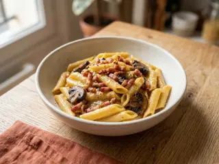Pâtes carbonara revisitée aux champignons et lardons