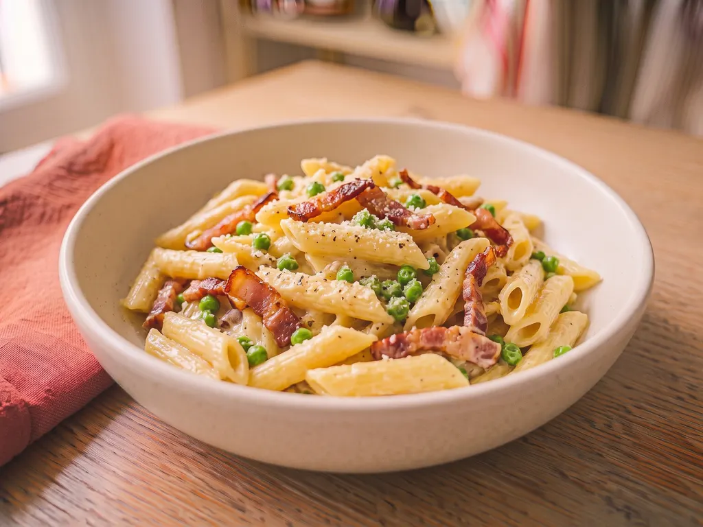 Carbonara-style pasta with bacon and peas, a serving idea