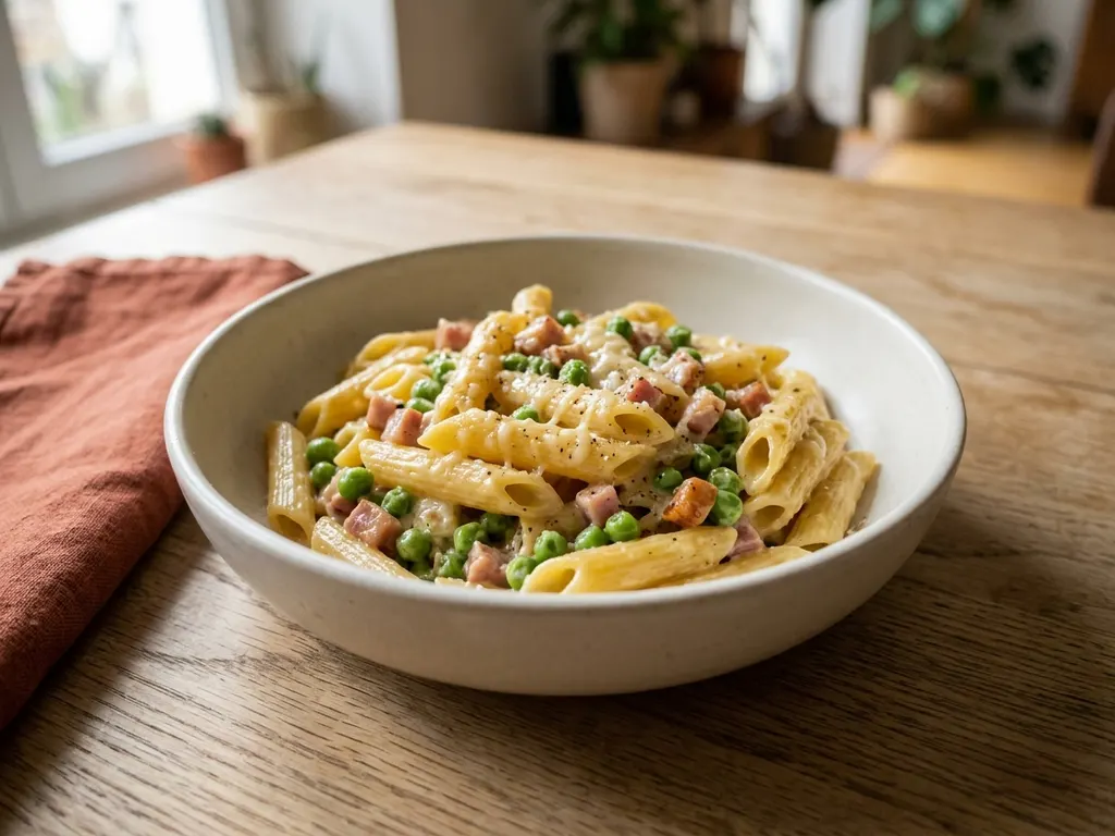 Carbonara-style pasta with peas and ham, a serving idea