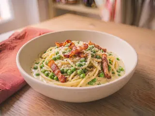 Pâtes carbonara revisitée aux petits pois et lardons
