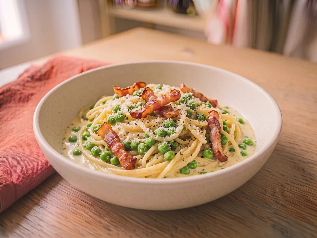 Pâtes carbonara revisitée aux petits pois et lardons, une idée de présentation