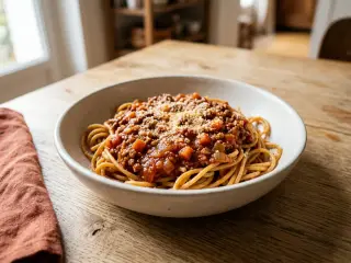 Pâtes complètes à la bolognaise maison et parmesan