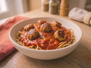 Pâtes complètes aux boulettes de bœuf et sauce tomate maison