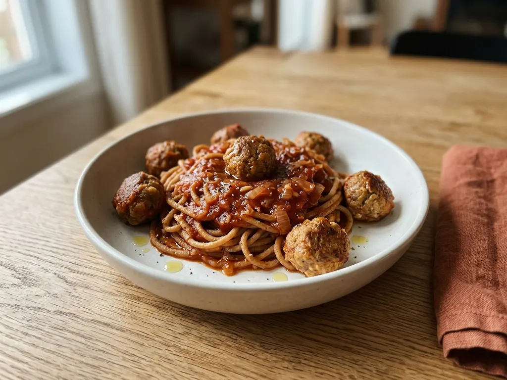 Pâtes complètes aux boulettes de viande hachée et sauce tomate maison, une idée de présentation