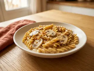 Pâtes complètes aux lentilles corail et champignons