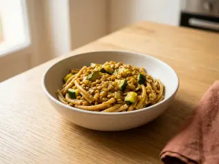 Pâtes complètes aux lentilles corail et courgette