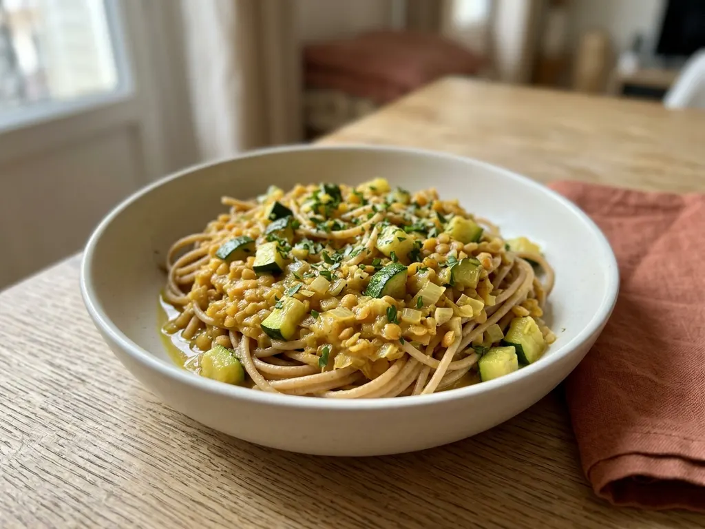Pâtes complètes aux lentilles corail et courgettes sautées, une idée de présentation