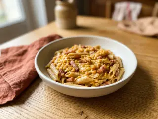 Pâtes complètes aux lentilles corail et lardons fumés