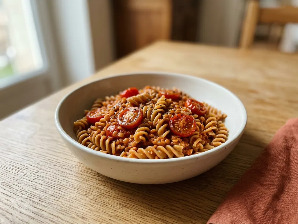Pâtes complètes aux lentilles corail et tomates cerises