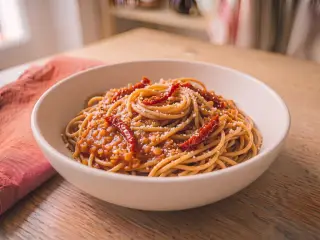 Pâtes complètes aux lentilles corail et tomates séchées