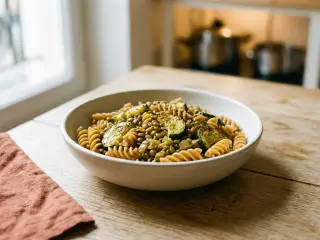 Whole wheat pasta with lentils and roasted zucchini