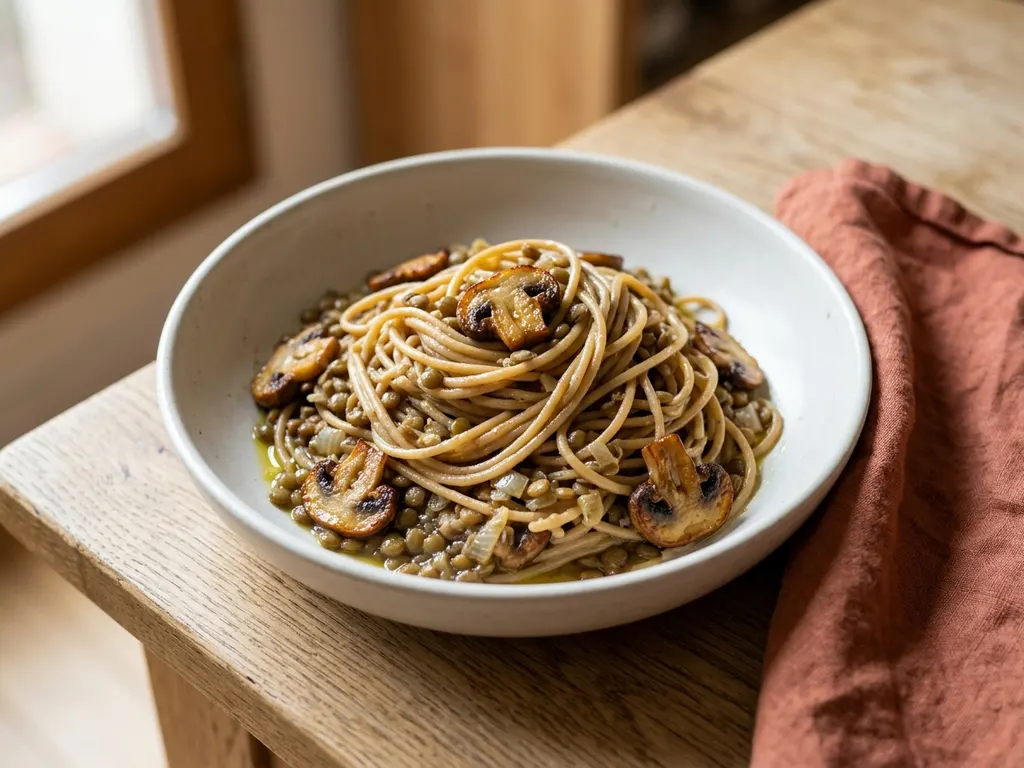 Pâtes complètes aux lentilles vertes et champignons