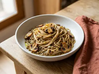 Pâtes complètes aux lentilles vertes et champignons