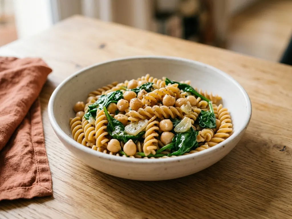 Pâtes complètes aux pois chiches et épinards