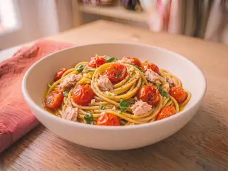 Pâtes complètes aux thon, tomates cerises et basilic