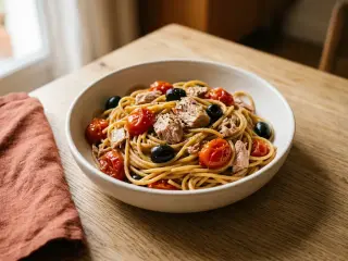 Pâtes complètes aux thon, tomates cerises et olives noires