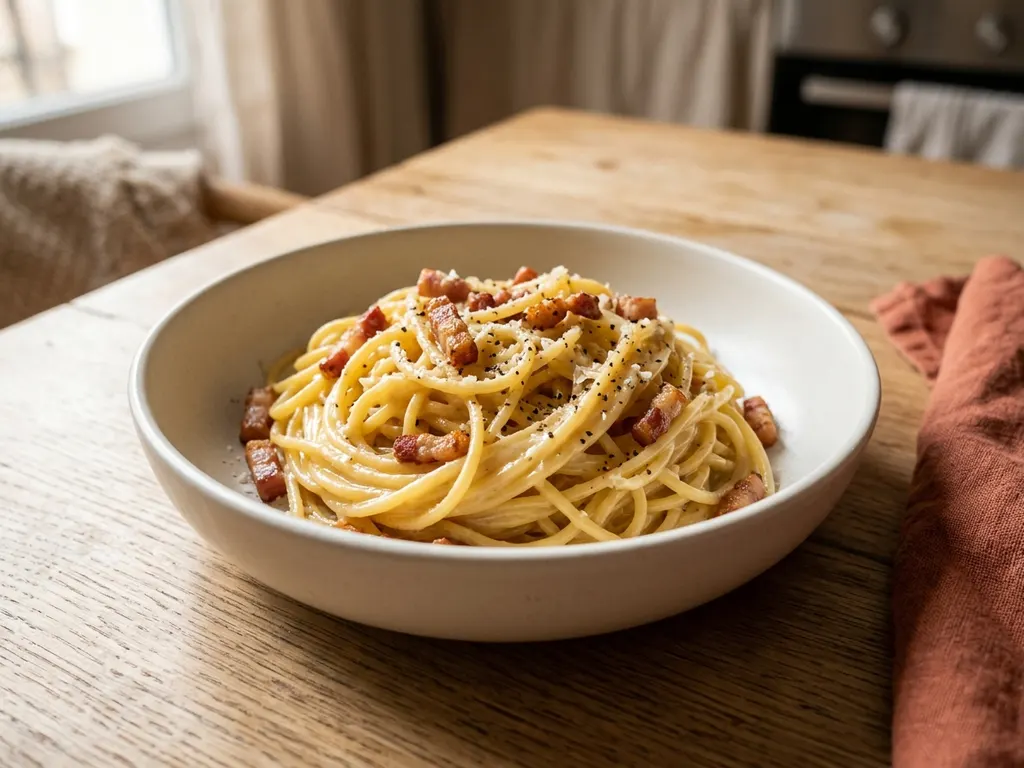 Light spaghetti carbonara, a serving idea