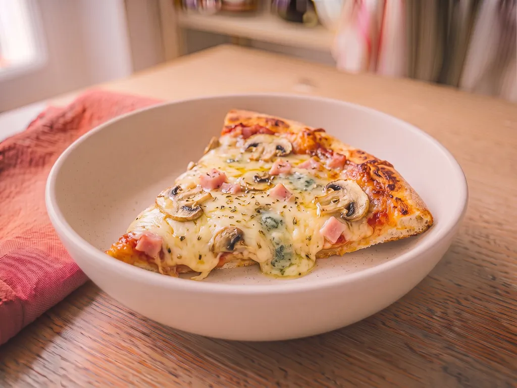 Homemade four-cheese pizza with ham and mushrooms, a serving idea