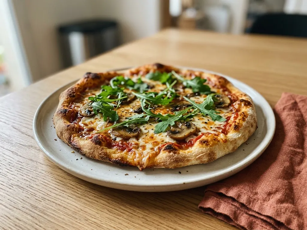 Pizza maison aux champignons, mozzarella et roquette, une idée de présentation