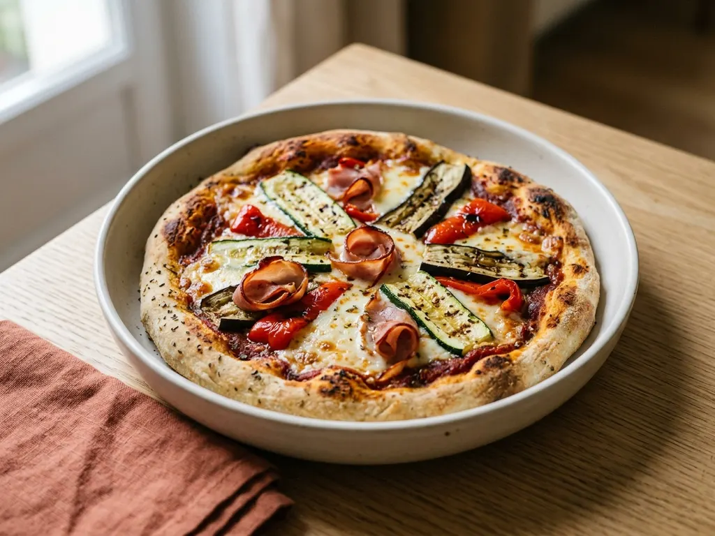 Homemade grilled veggie and turkey ham pizza, a serving idea