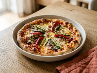 Pizza maison aux légumes grillés, mozzarella et jambon de dinde