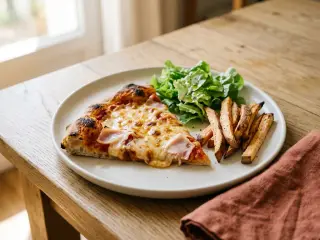 Pizza maison jambon-fromage, salade verte et frites de patates douces