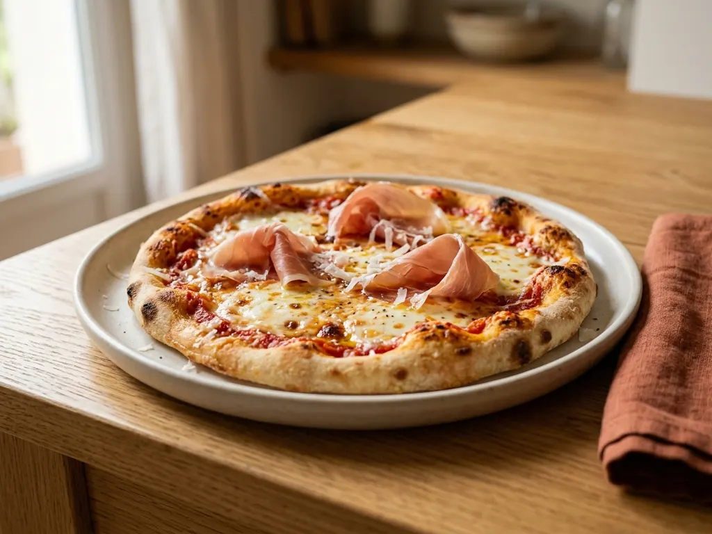 Homemade margherita pizza with prosciutto, a serving idea