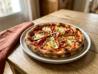 Pizza maison margherita revisitée aux légumes grillés et jambon cru