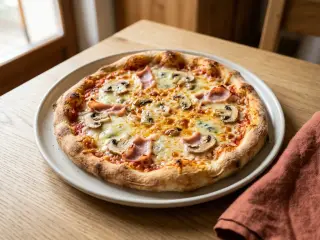 Pizza maison quatre fromages, jambon blanc et champignons