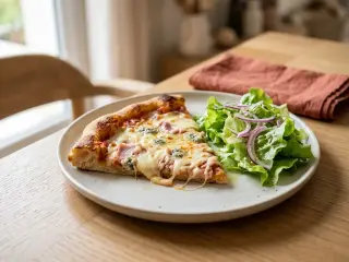Homemade four-cheese pizza with ham and green salad