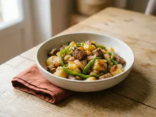 Ground beef, potato and bell pepper skillet