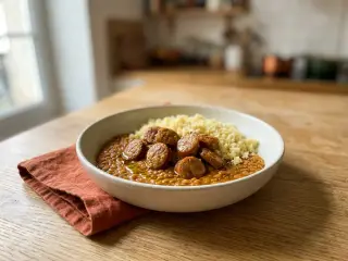 Poêlée de lentilles corail, merguez et semoule