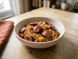 Poêlée de lentilles corail, saucisses de Toulouse et carottes