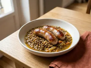 Poêlée de lentilles vertes et saucisses de Toulouse