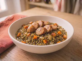 Poêlée de lentilles vertes, saucisses de Toulouse et carottes