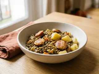 Green lentil skillet with Toulouse sausages and potatoes