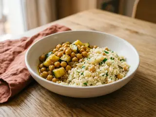 Poêlée de pois chiches, courgettes et semoule