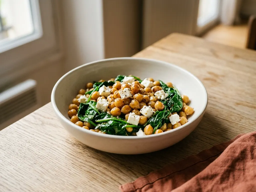 Poêlée de pois chiches, épinards et feta