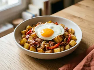 Poêlée de pommes de terre, bacon et œufs au plat