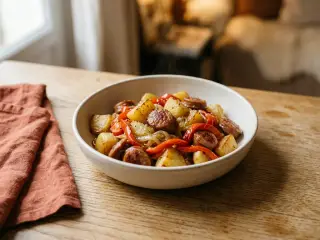 Poêlée de pommes de terre, saucisses de Toulouse et poivrons