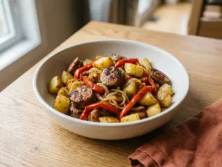 Poêlée de pommes de terre, saucisses et poivrons