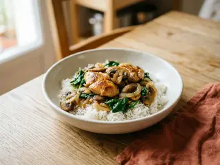 Poêlée de poulet aux champignons, épinards et riz basmati