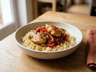 Poêlée de poulet aux poivrons et riz basmati
