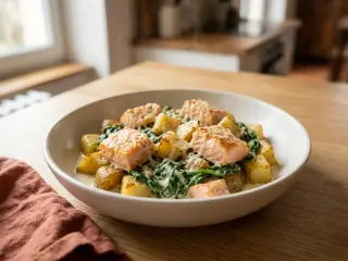 Poêlée de saumon frais, pommes de terre et épinards