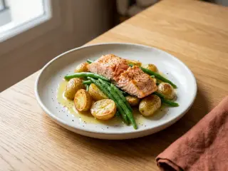 Poêlée de saumon, haricots verts et pommes de terre grenaille au citron