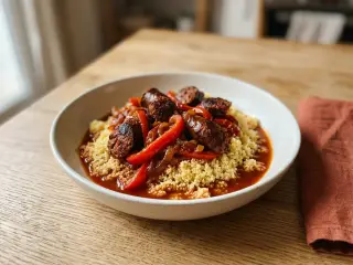Poêlée de semoule, merguez de bœuf et poivrons