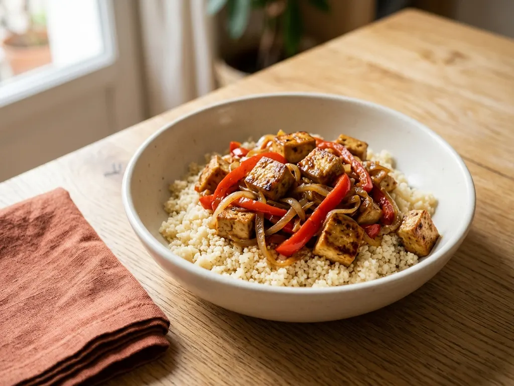 Poêlée de tofu mariné, poivrons et semoule de blé, une idée de présentation