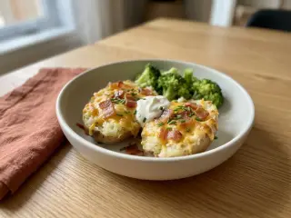 Loaded baked potatoes with cheddar, bacon and chives